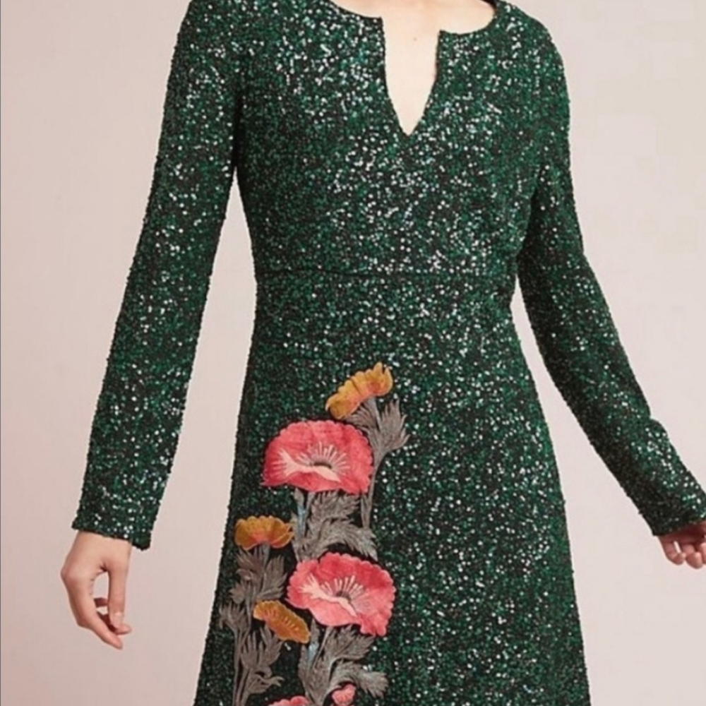 Sz 4 Varun Bahl Green Seqin Dress w/Appliqué NWT Anthropologie